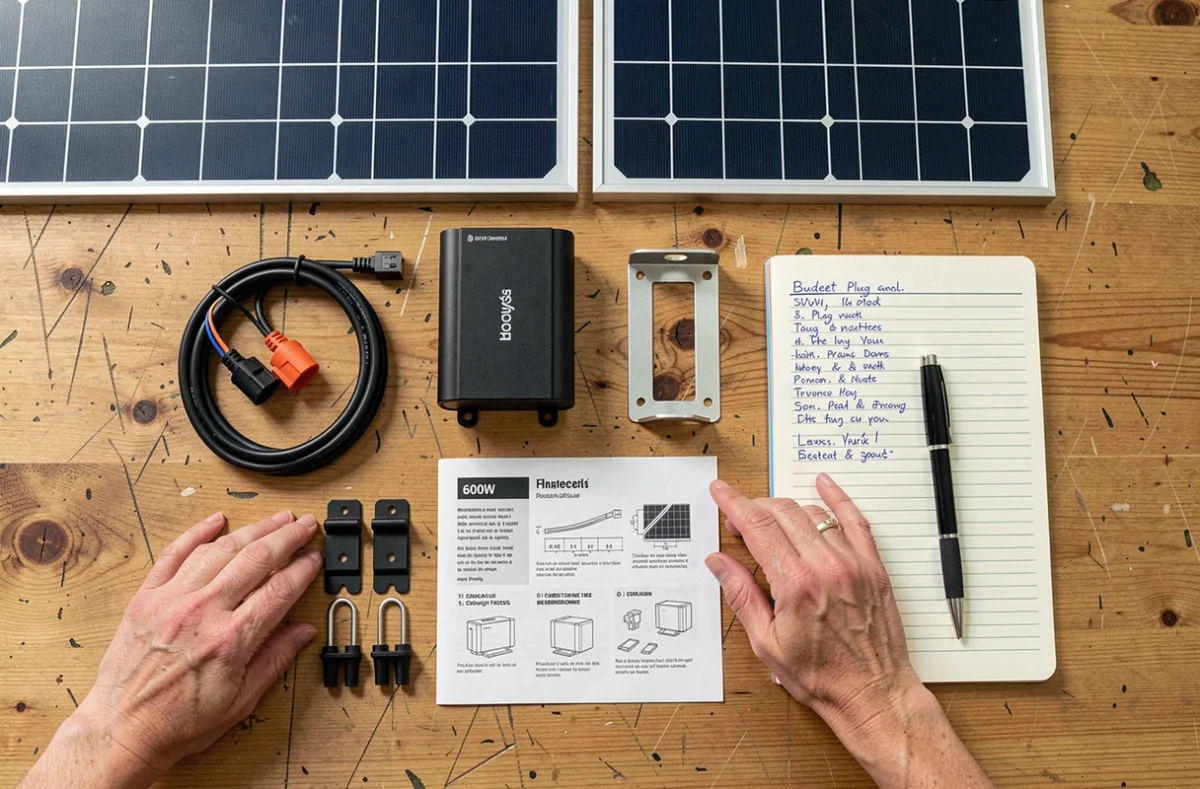 Vue de dessus des composants d'un kit solaire autoconsommation 600W avec budget estimatif