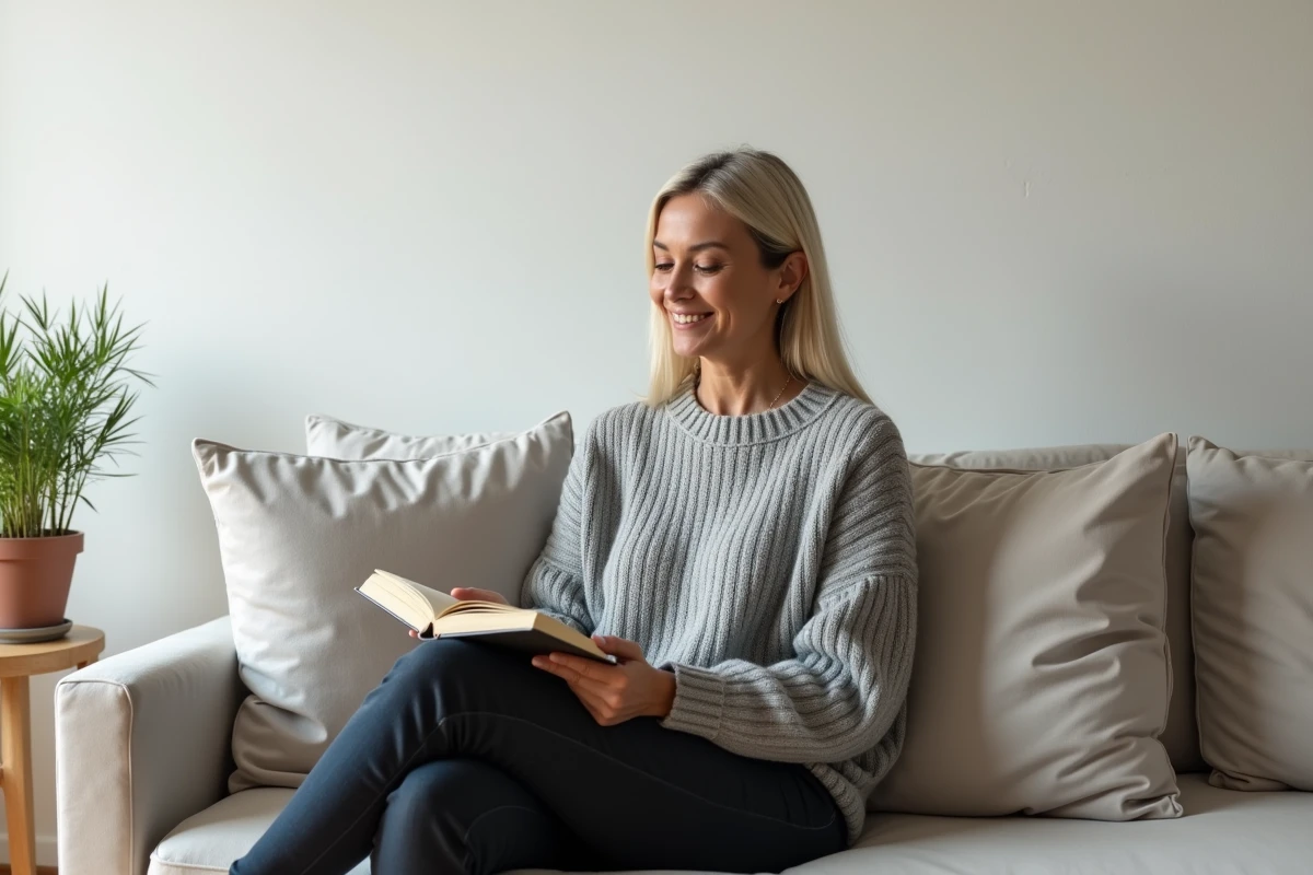 Femme détenant un livre dans un salon confortable aux murs en placo isolant offrant une isolation thermique et acoustique optimale