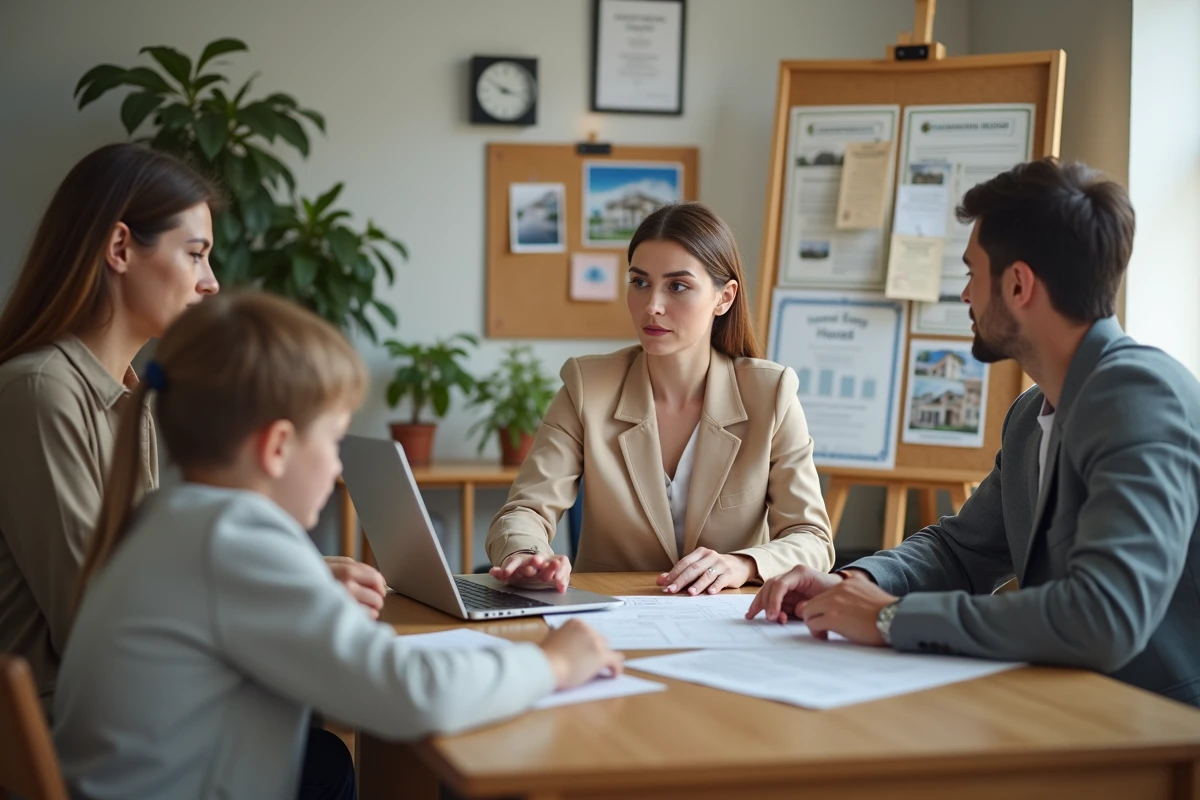 Conseillère immobilière présentant des options de construction à une famille dans un bureau professionnel