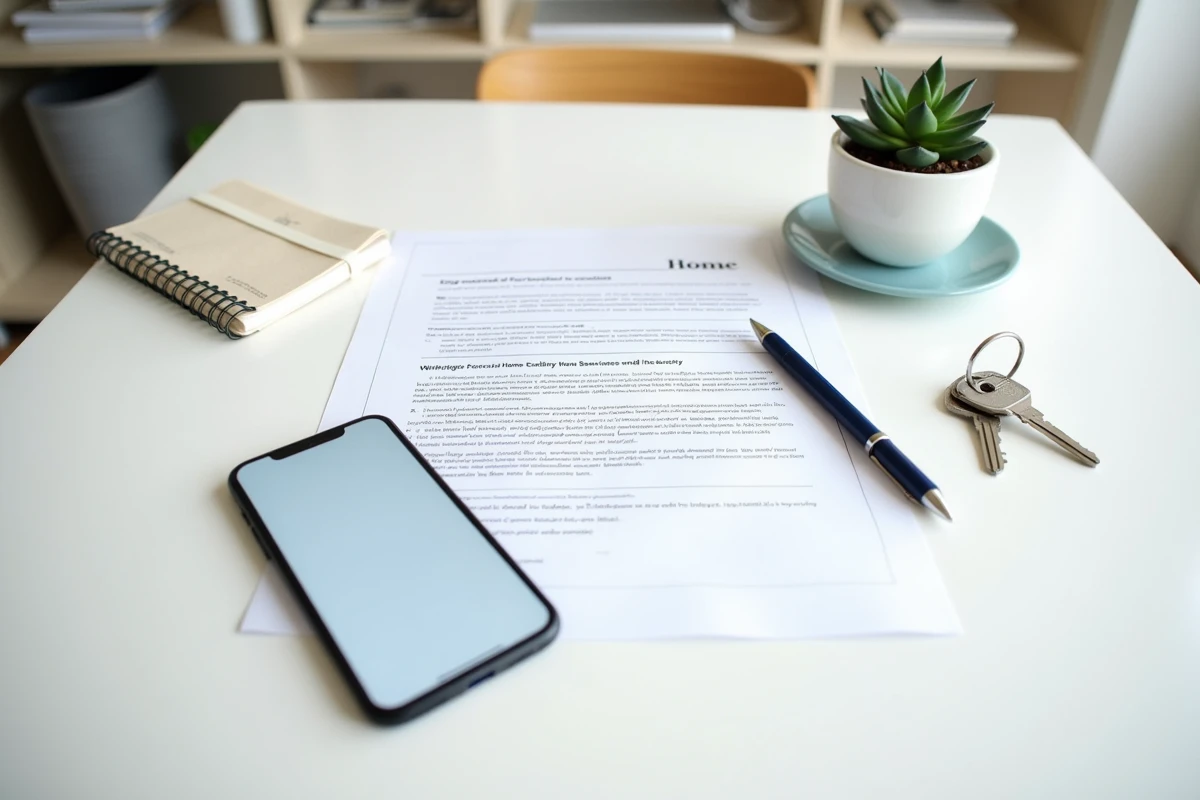 Vue du dessus d'un contrat de garantie Monhabitoo avec un smartphone et des clés de maison sur un bureau minimaliste