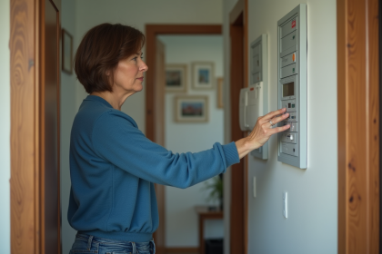 Femme vérifiant un panneau électrique domestique