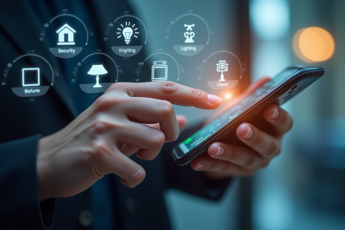 Main utilisant une application pour controler la maison