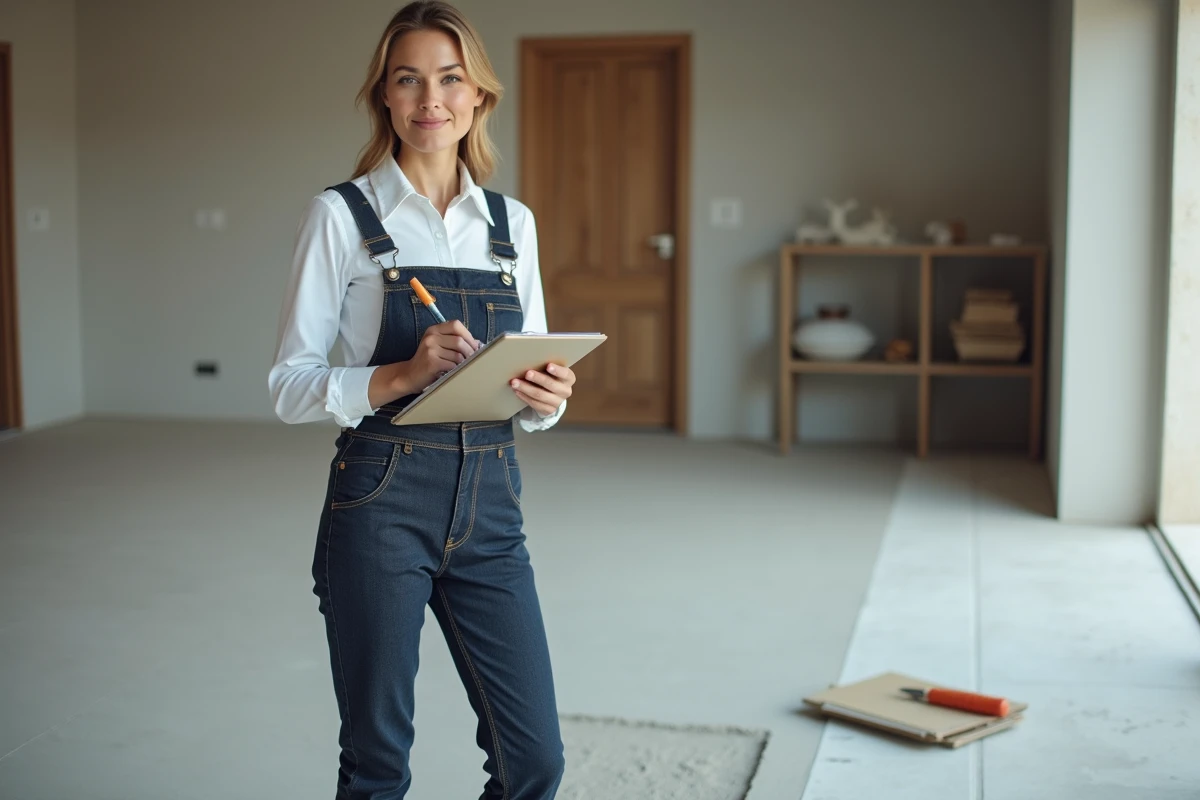 Jeune femme inspectant un échantillon de screed nivelé