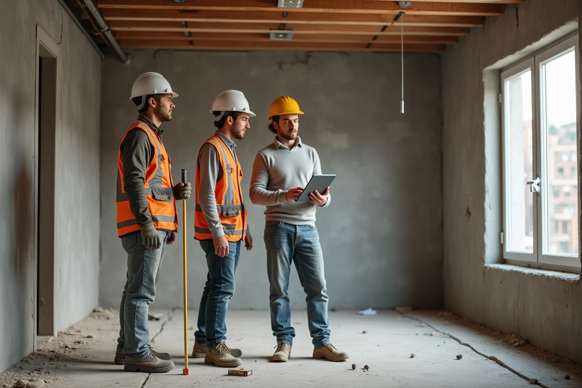 Architecte intérieur consultant avec des artisans sur un chantier de rénovation d'appartement en cours