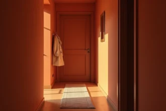Couloir étroit peint en couleur chaude terracotta avec parquet en bois et miroir mural