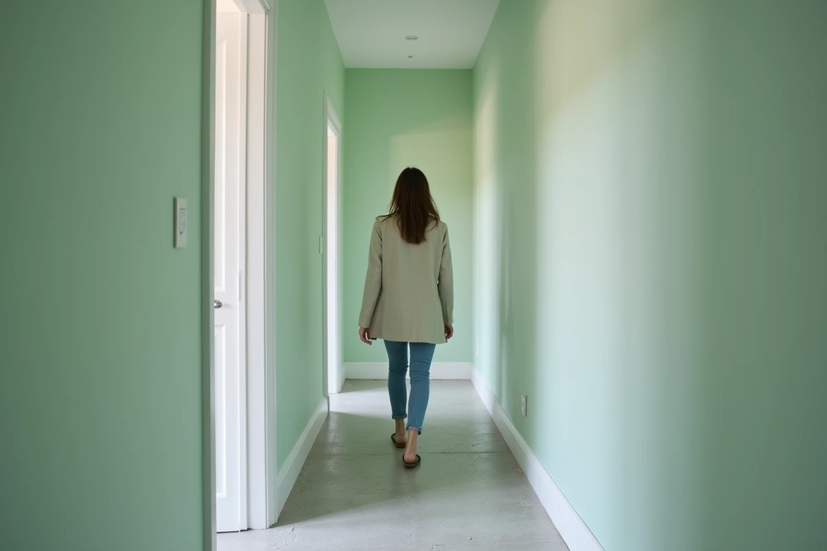 Femme dans un couloir étroit peint en vert sauge couleur froide avec carrelage gris béton