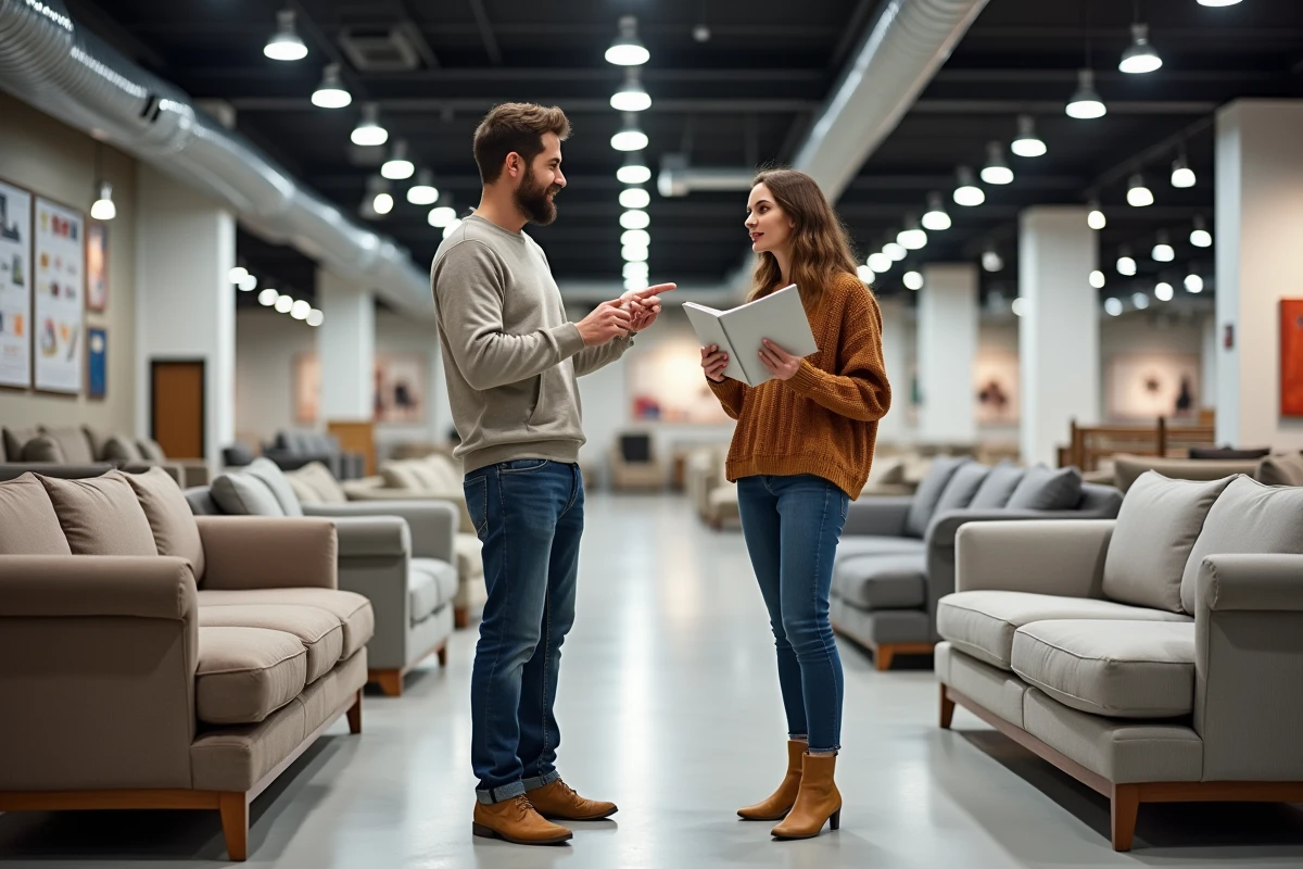 Couple comparant deux modèles de canapés dans le showroom spacieux de Poltron et Sofa à Aubagne