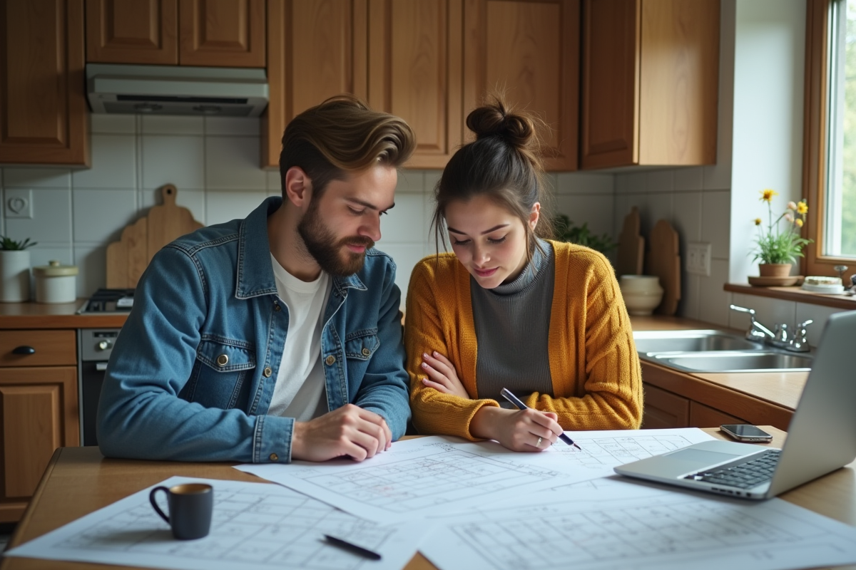 Jeune couple étudiant des plans électriques à la maison ancienne