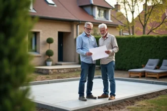 Couple examinant les plans d'une extension de maison sur une dalle de béton dans leur jardin