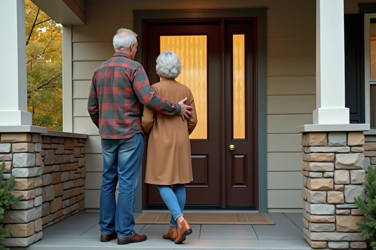 Couple âgé admirant un rideau dans leur porte d