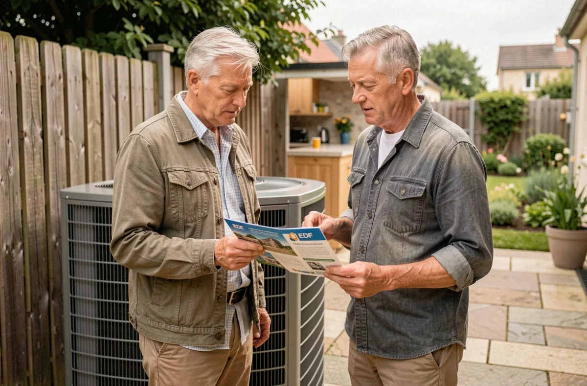 Couple de propriétaires devant leur pompe à chaleur installée dans le jardin, consultant une brochure de prime EDF