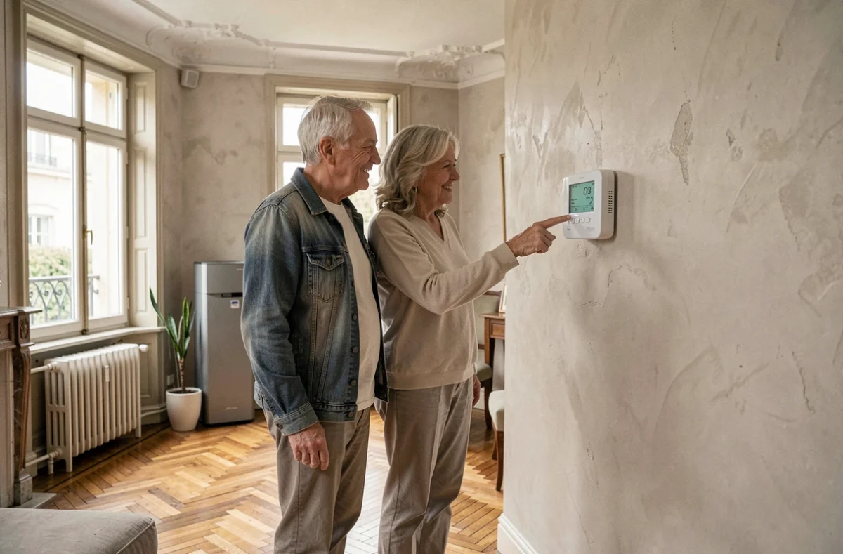 Couple de seniors vérifiant le thermostat numérique de leur pompe à chaleur dans une maison ancienne rénovée