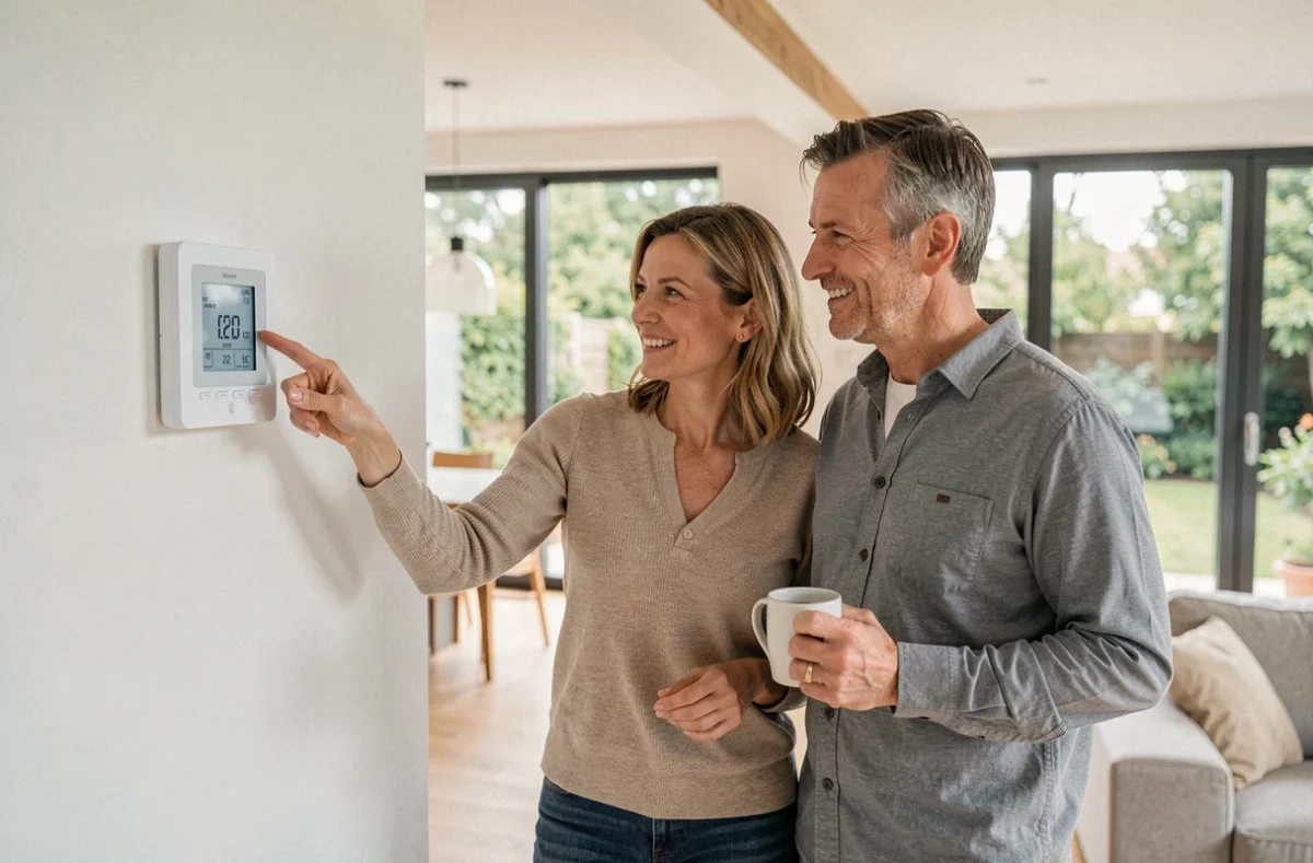 Couple consultant le thermostat connecté de leur pompe à chaleur dans leur salon moderne