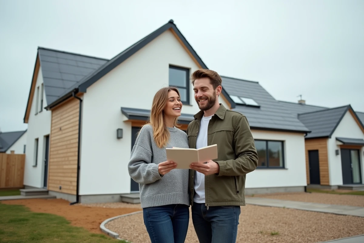Couple visitant une maison préfabriquée neuve dans un lotissement résidentiel moderne