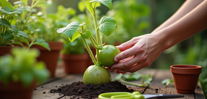 Mains d'un jardinier cueillant des feuilles de passiflore verte dans un jardin lumineux