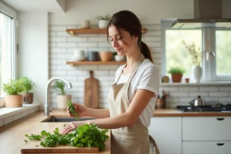 Cuisine scandinave avec armoires blanc chaud et plan de travail en chêne naturel, ambiance douce et fonctionnelle