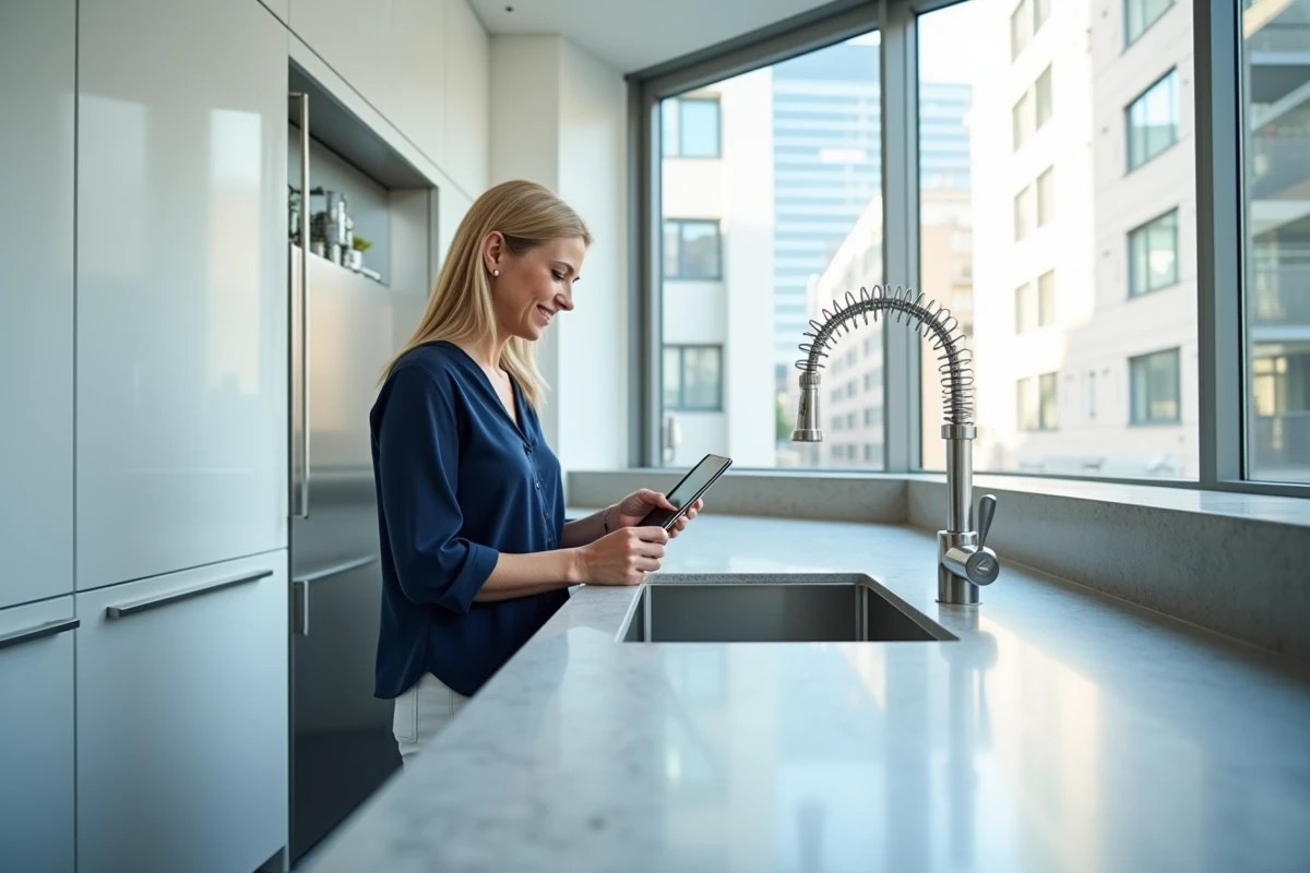Cuisine minimaliste avec façades blanc froid brillant et plan de travail en quartz gris, ambiance urbaine épurée