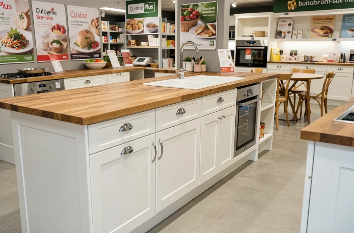 Cuisine blanche style Shaker avec plan de travail en chêne et coin repas intégré dans le showroom Cuisine Plus de Boulogne-sur-Mer