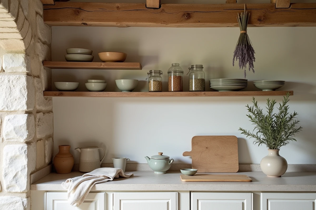 Cuisine rustique de chaumière avec étagères en bois, céramiques artisanales et herbes séchées pour une décoration naturelle