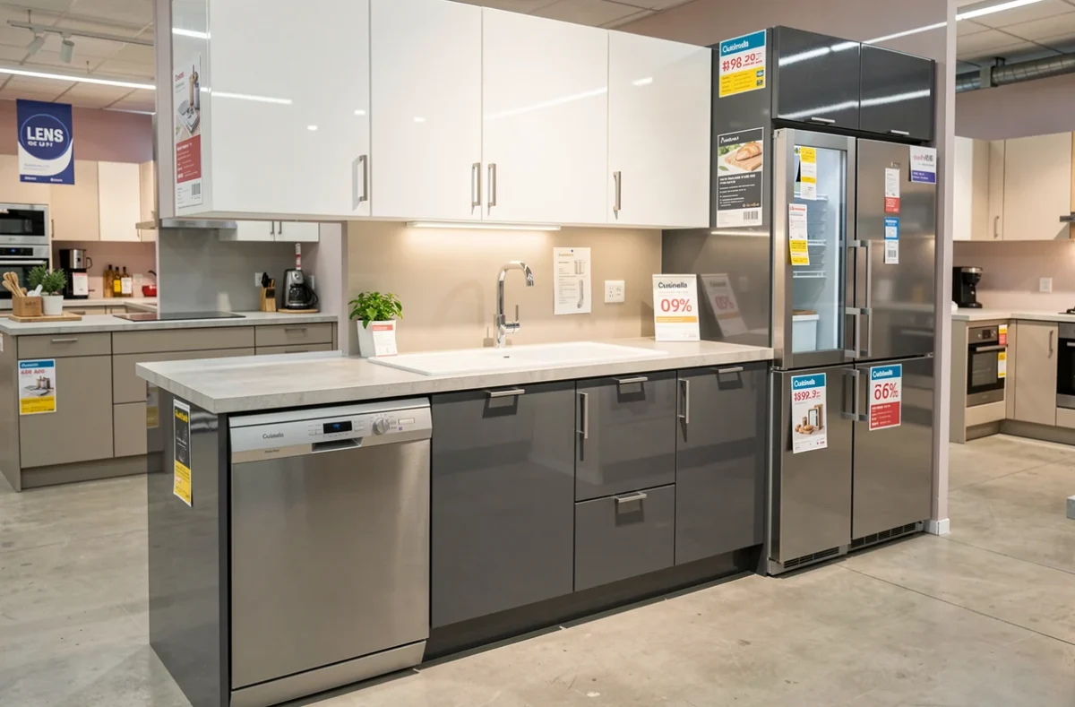 Cuisine bicolore gris anthracite et blanc avec électroménager intégré exposée chez Cuisinella à Lens