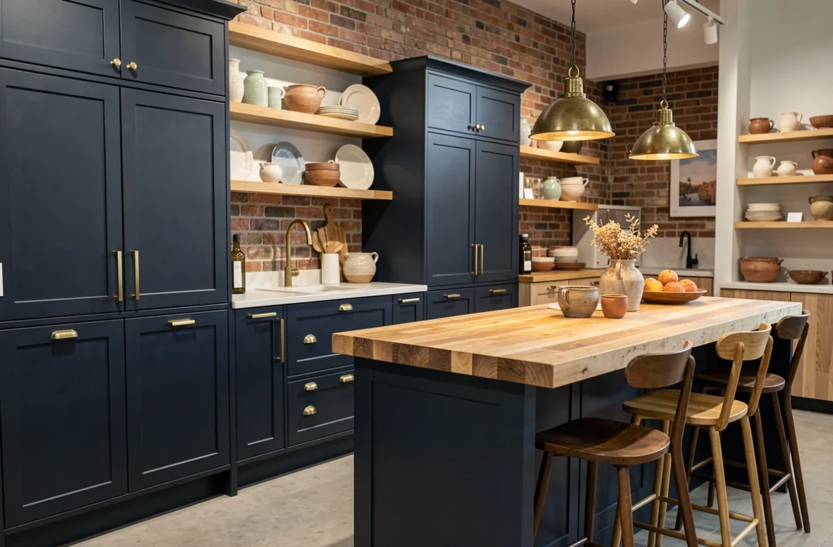 Cuisine bleue marine avec plan de travail en bois et accessoires en laiton exposée chez Cuisines Venidom à Calais