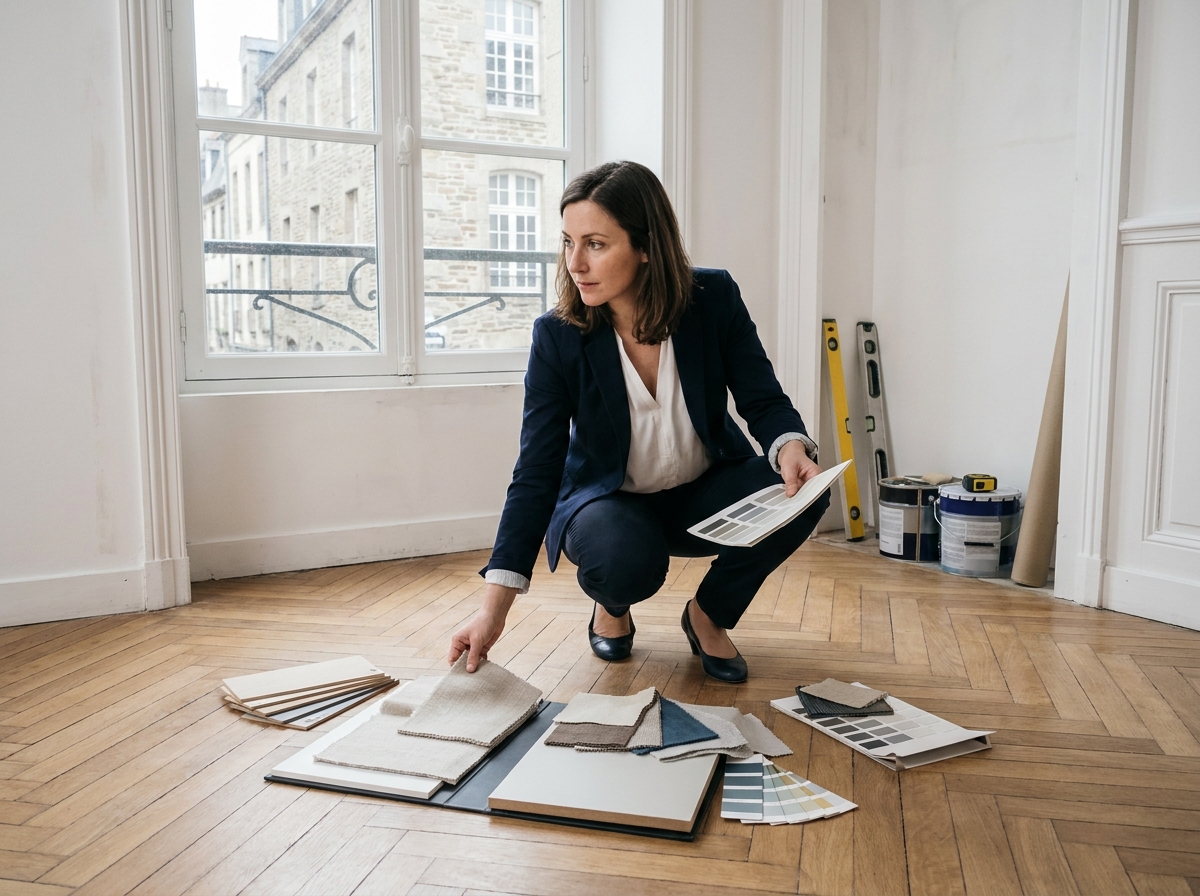 Décoratrice d'intérieur comparant des échantillons de matériaux dans un appartement rénové à Rennes, Ille-et-Vilaine