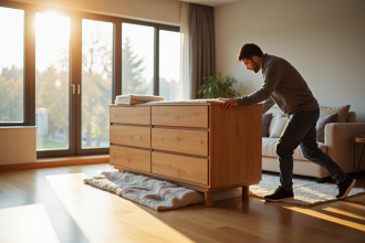 Personne déplaçant un grand meuble en bois dans un intérieur lumineux