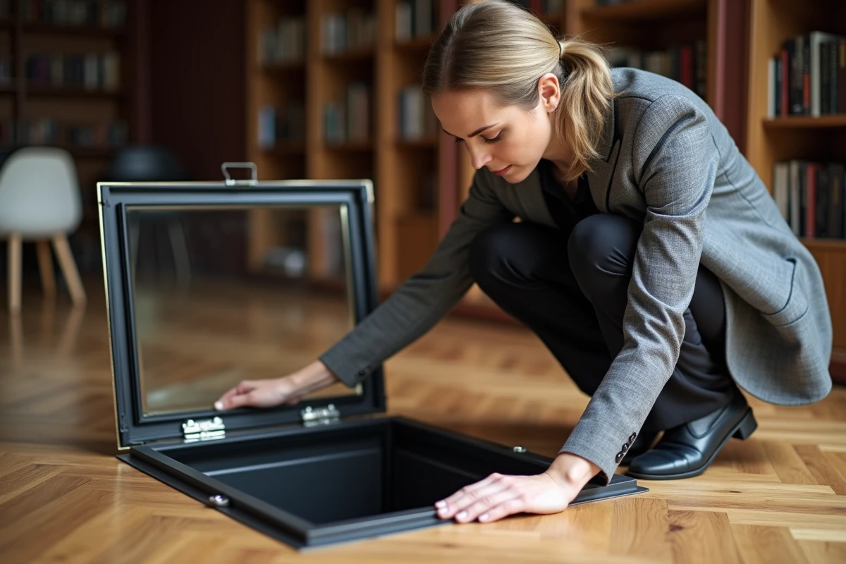 Designer intérieure inspectant une trappe de cave en verre dans un appartement parisien avec parquet en chêne