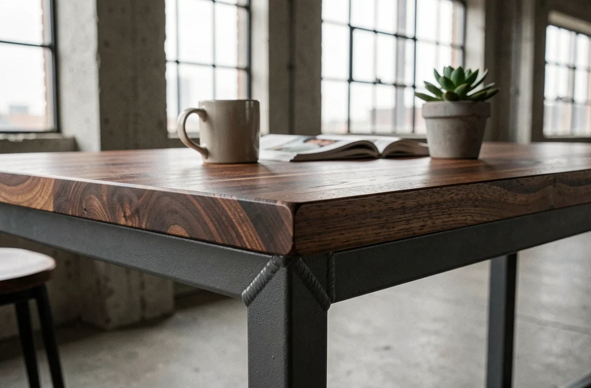 Détail de l'assemblage bois noyer et acier d'une table bar dans un appartement loft industriel