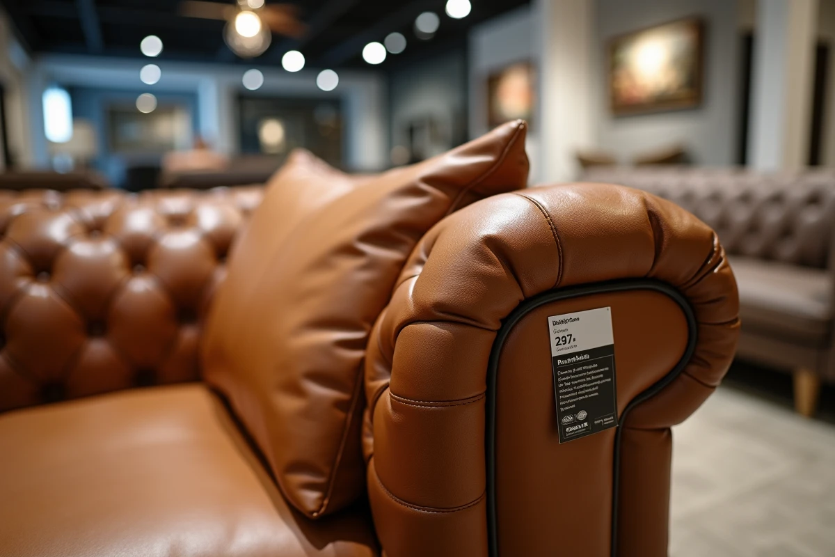 Détail de couture et de cuir d'un canapé haut de gamme exposé dans un magasin de meubles Poltron et Sofa