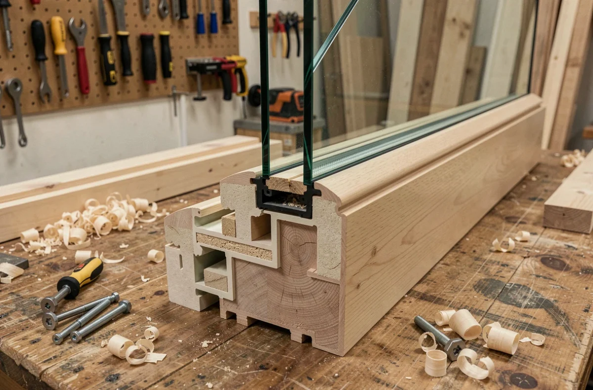 Gros plan sur une coupe de fenêtre à double vitrage en bois dans un atelier de menuiserie artisanale
