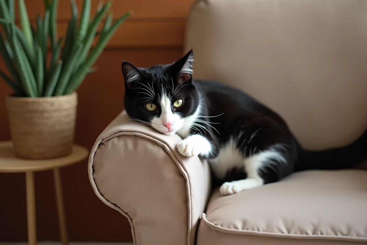 Détail de housse extensible taupe sur accoudoir de fauteuil avec la patte d'un chat noir et blanc posée dessus
