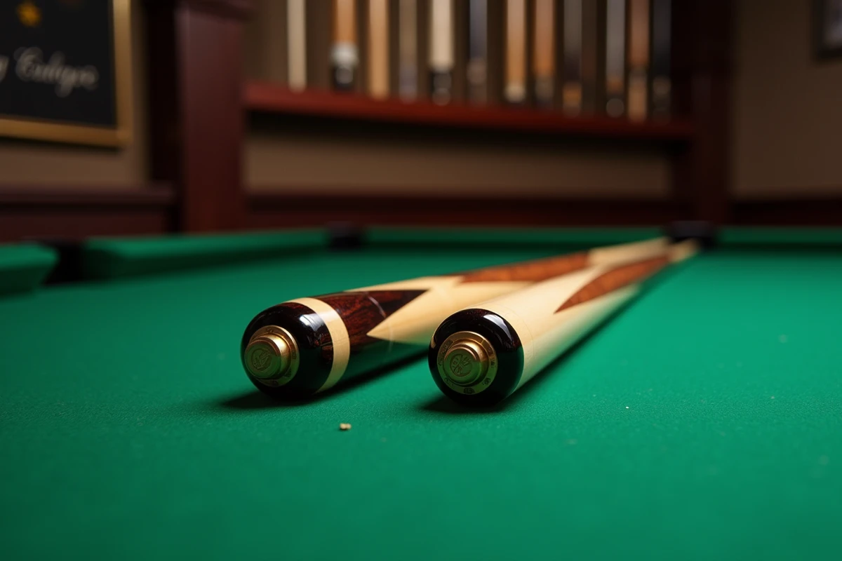 Détail de deux queues de billard Chevillotte professionnelles posées sur un tapis vert, bois et ferrules visibles