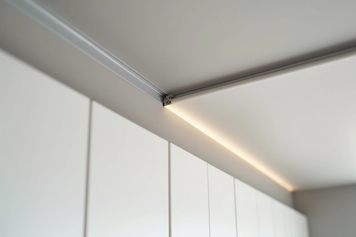 Détail du rail de fixation et du bord de la toile tendue au plafond d'une cuisine résidentielle