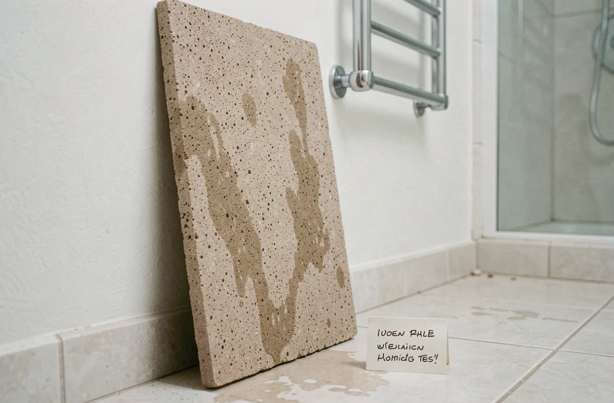 Détail texture poreuse d'un tapis diatomite appuyé contre un mur de salle de bain