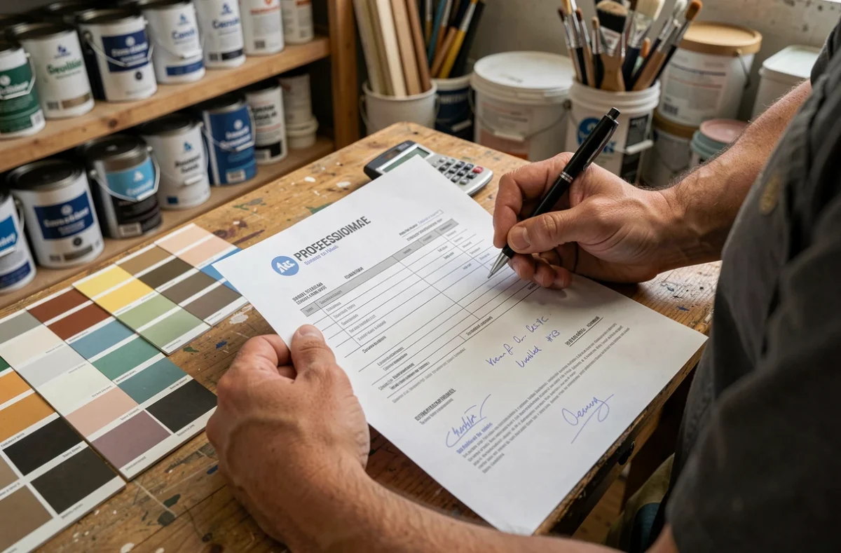 Devis de travaux de peinture avec échantillons de couleurs et calculatrice sur un bureau d'artisan peintre