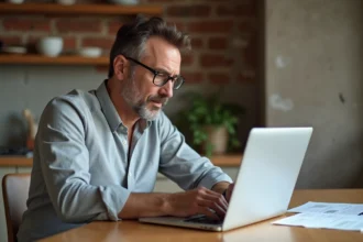 Homme remplissant un formulaire de devis rénovation en ligne sur son ordinateur portable dans une cuisine en cours de rénovation