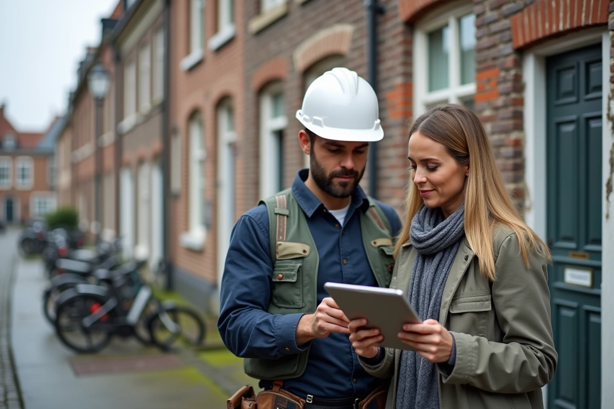 Entrepreneur et propriétaire consultant un devis de rénovation sur tablette devant une façade de maison belge à rénover