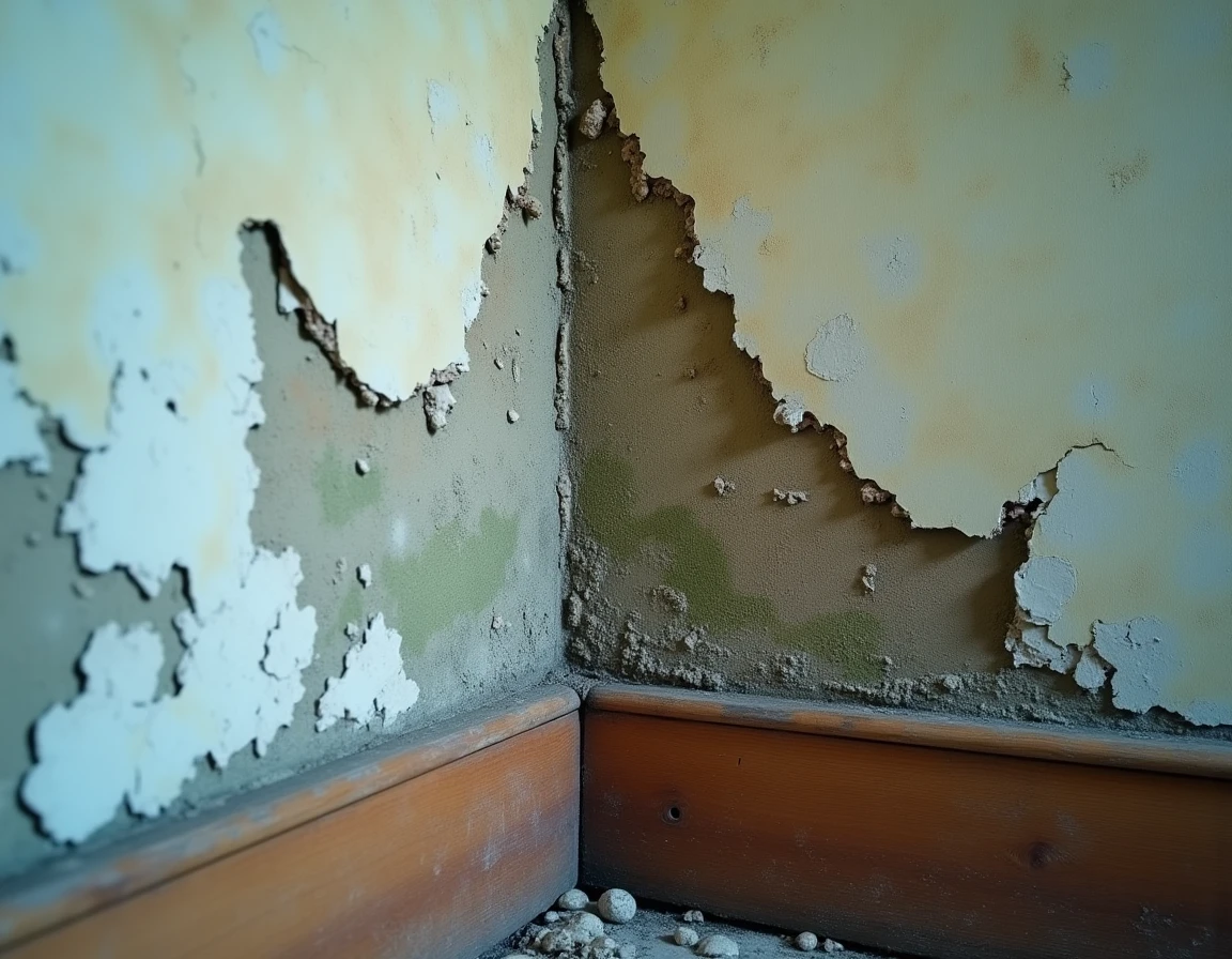 Détail d'un mur intérieur endommagé par l'humidité avec moisissures, salpêtre et peinture décollée