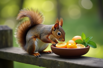 Un écureuil curieux sur une clôture en bois dans un jardin verdoyant sentant un bol de répulsifs naturels
