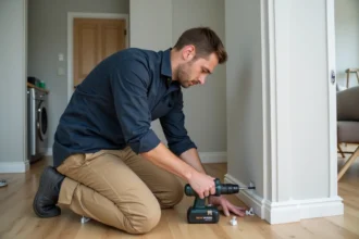 Électricien installant un chemin de câbles GTL en PVC blanc dans un petit appartement studio aux murs gris et parquet clair