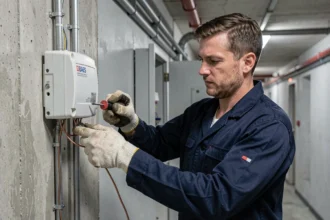 Électricien en train de raccorder un bloc autonome d'éclairage de sécurité BAES sur un mur de couloir industriel, travaux de mise en conformité réglementaire 2026