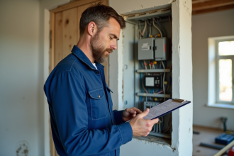 Électricien homme en overalls bleus inspectant un tableau électrique dans une maison rénovée