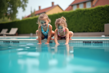 Deux enfants jouent au bord de la piscine en été