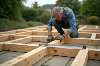 Charpentier mesurant l'entraxe entre solives d'une terrasse en bois en construction avec un mètre ruban