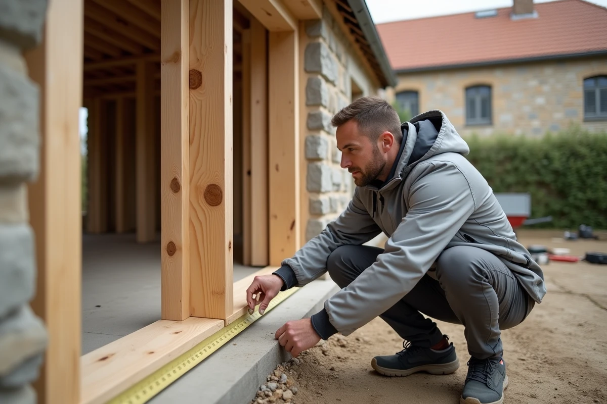 Entrepreneur mesurant la charpente bois d'une extension accolée à une maison en pierre