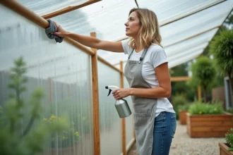 Femme entretenant une bâche transparente PVC sur une serre de jardin avec un chiffon microfibre et un produit nettoyant