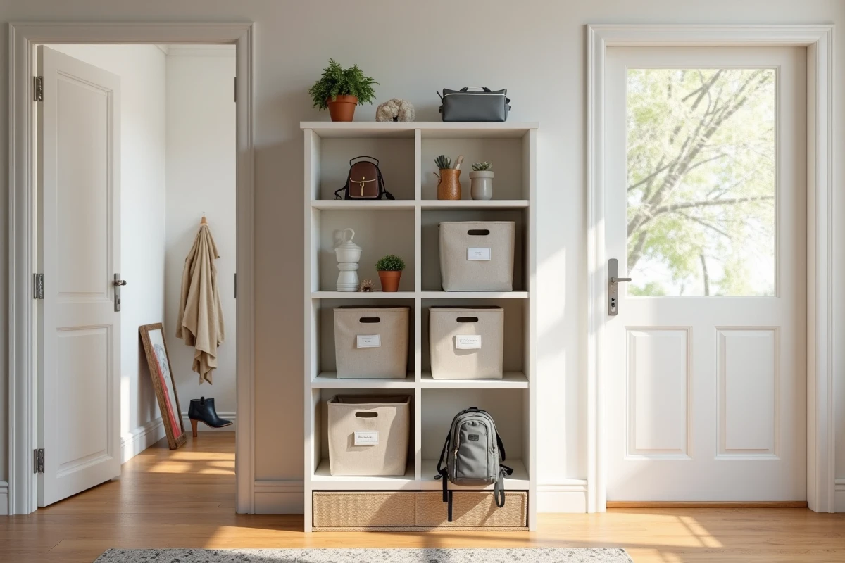 Étagère d'angle blanche dans une entrée familiale avec rangements pratiques et tapis de couloir