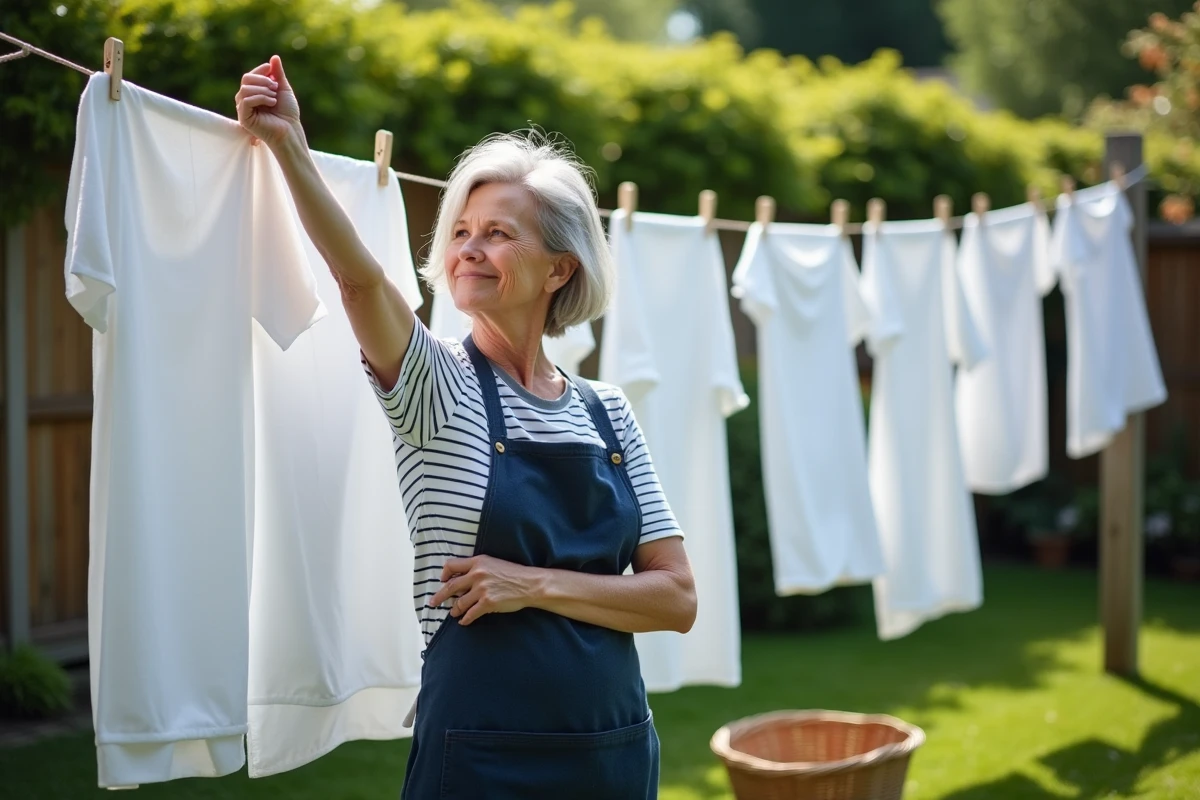 Femme accrochant des draps blancs fraîchement lavés sur un étendoir extérieur pour les faire sécher et retrouver leur blancheur éclatante