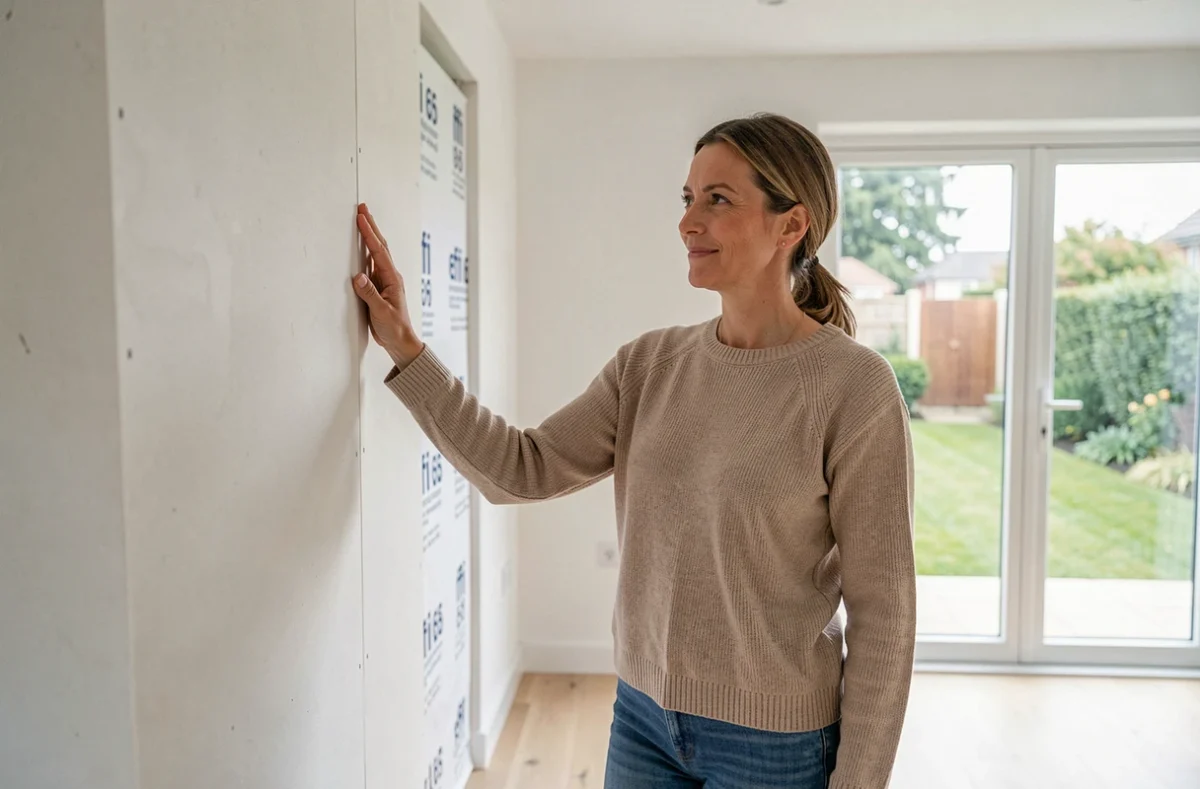 Propriétaire inspectant le mur d'une extension de maison isolée avec l'Effi 65 après les travaux de finition